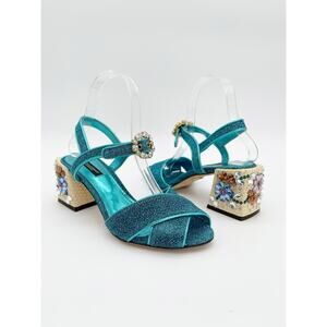 Dolce & Gabbana Teal Lurex Glitter Floral Crystal Block Heel Sandals IT 36.5
